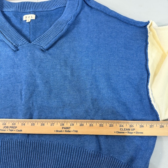 P.O.L. Color Block Exposed Seam Contrast V-Neck Lantern Sleeve Cotton Sweater L - Picture 7 of 8